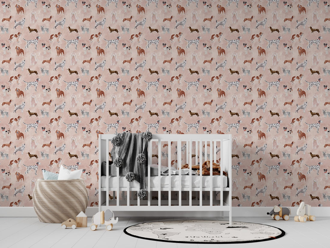 Rigby Dog Print Wallpaper Repeat Pattern | Rose - Munks and Me Wallpaper