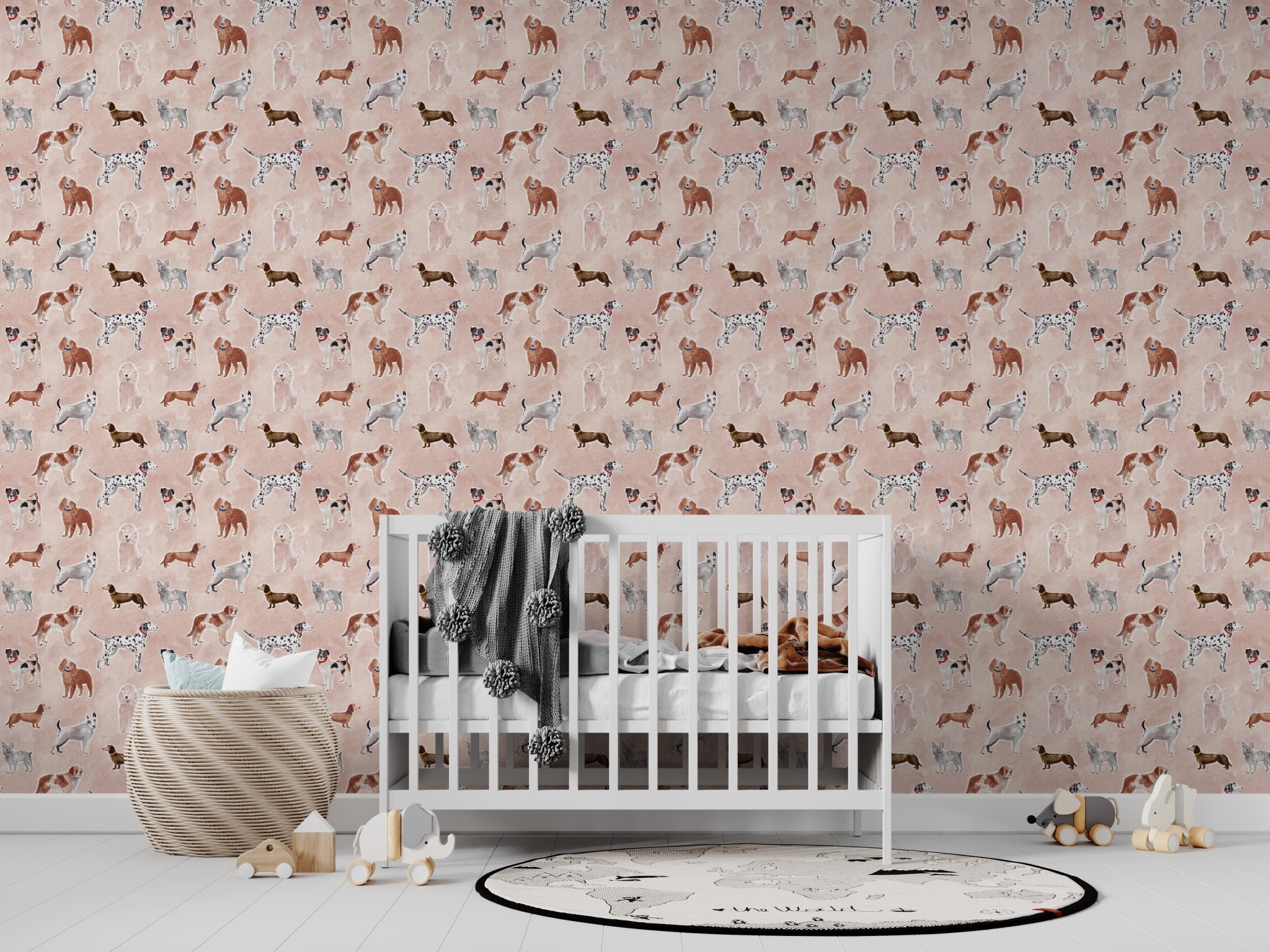 Rigby Dog Print Wallpaper Rose | Sample - Munks and Me Wallpaper