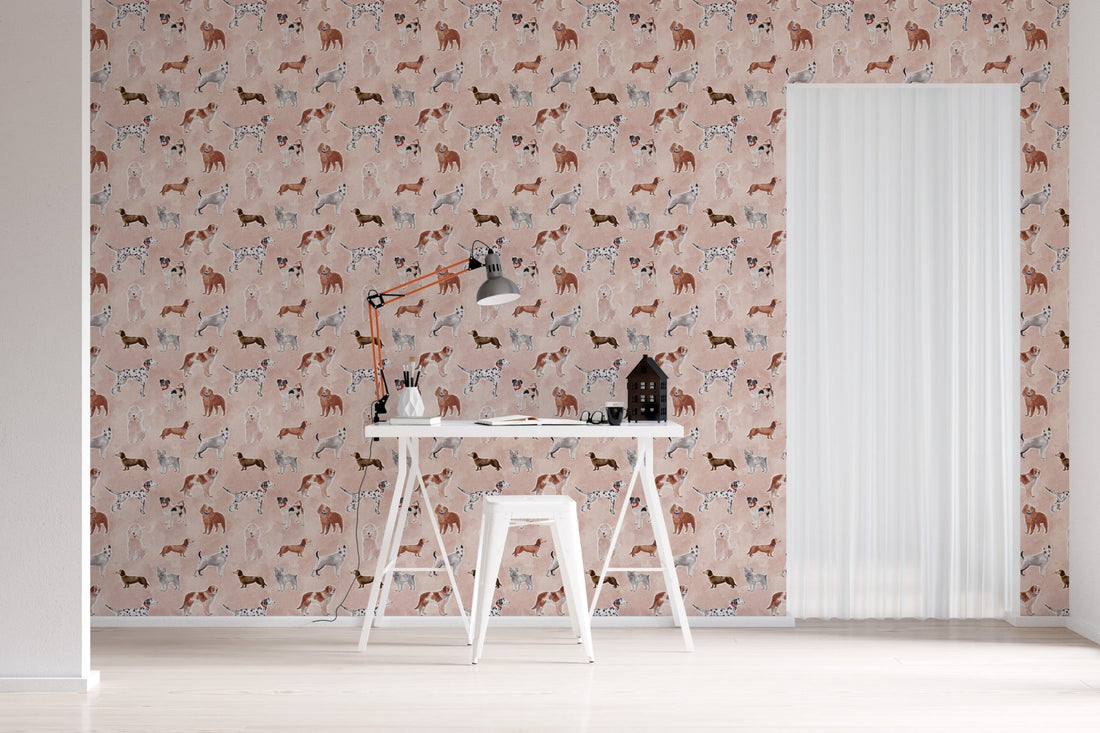 Rigby Dog Print Wallpaper Rose | Sample - Munks and Me Wallpaper