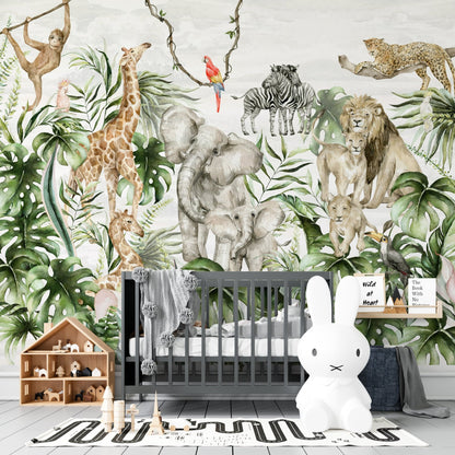 Safari Jungle Wallpaper Mural | Watercolour - Munks and Me Wallpaper