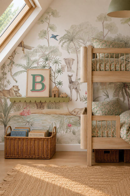 A cozy children’s bedroom features wooden bunk beds, a Safari Savannah Adventure Mural, a woven rug, and a basket of books. A shelf displays a framed letter B and wooden toys, with sunlight streaming through a skylight.