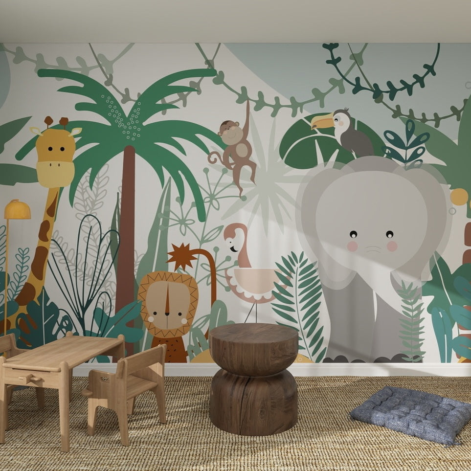 A playroom with wooden furniture and a vibrant Safari Wallpaper | Sample, featuring cartoon jungle animals—giraffe, lion, monkey, toucan, flamingo, and a large gray elephant among green plants.