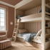 A cozy bedroom featuring light wood bunk beds, blue and beige bedding, a built-in ladder, under-bed drawers, Scallop Stripe Wallpaper in Mocha on an accent wall, a bright window, and a pink striped armchair atop a soft rug.