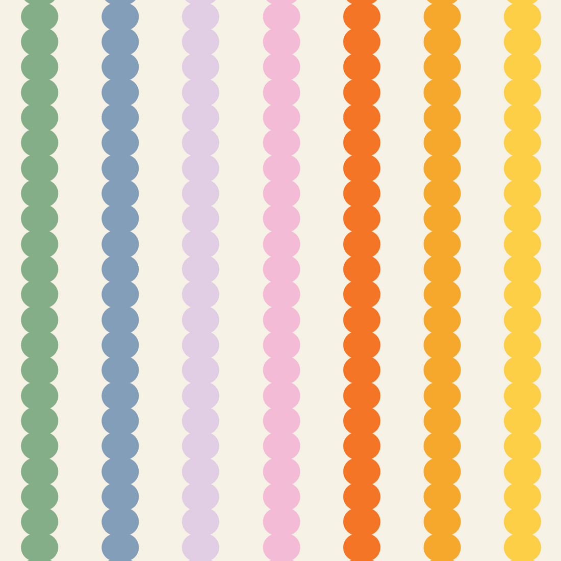 Vertical rows of evenly spaced multicolour circles on a light background create the playful Scallop Stripe Wallpaper Repeat Pattern | Rainbow, with customisable columns in green, blue, purple, pink, orange, and yellow.