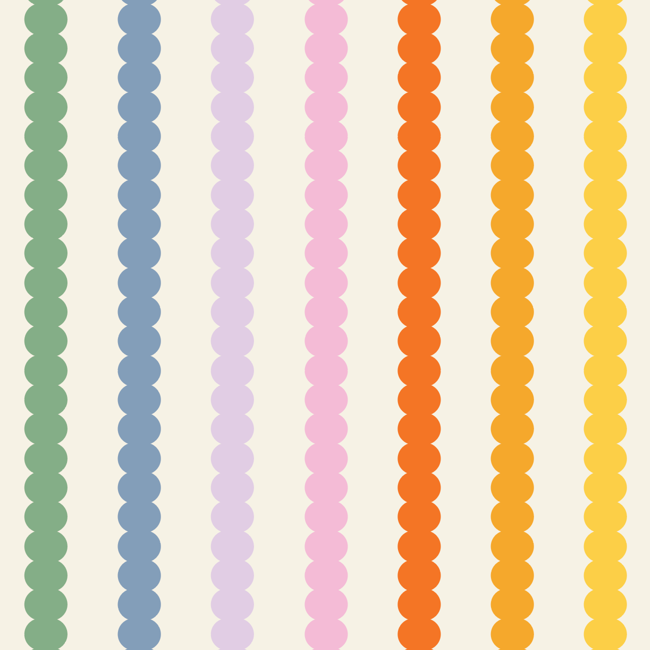 Vertical rows of evenly spaced multicolour circles on a light background create the playful Scallop Stripe Wallpaper Repeat Pattern | Rainbow, with customisable columns in green, blue, purple, pink, orange, and yellow.