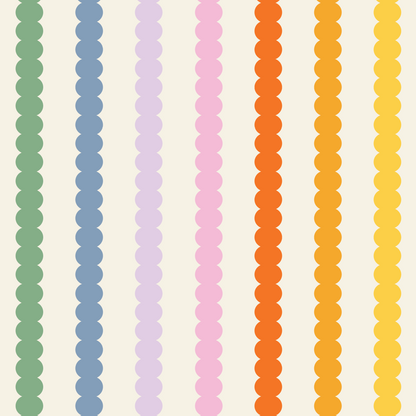Vertical rows of evenly spaced multicolour circles on a light background create the playful Scallop Stripe Wallpaper Repeat Pattern | Rainbow, with customisable columns in green, blue, purple, pink, orange, and yellow.