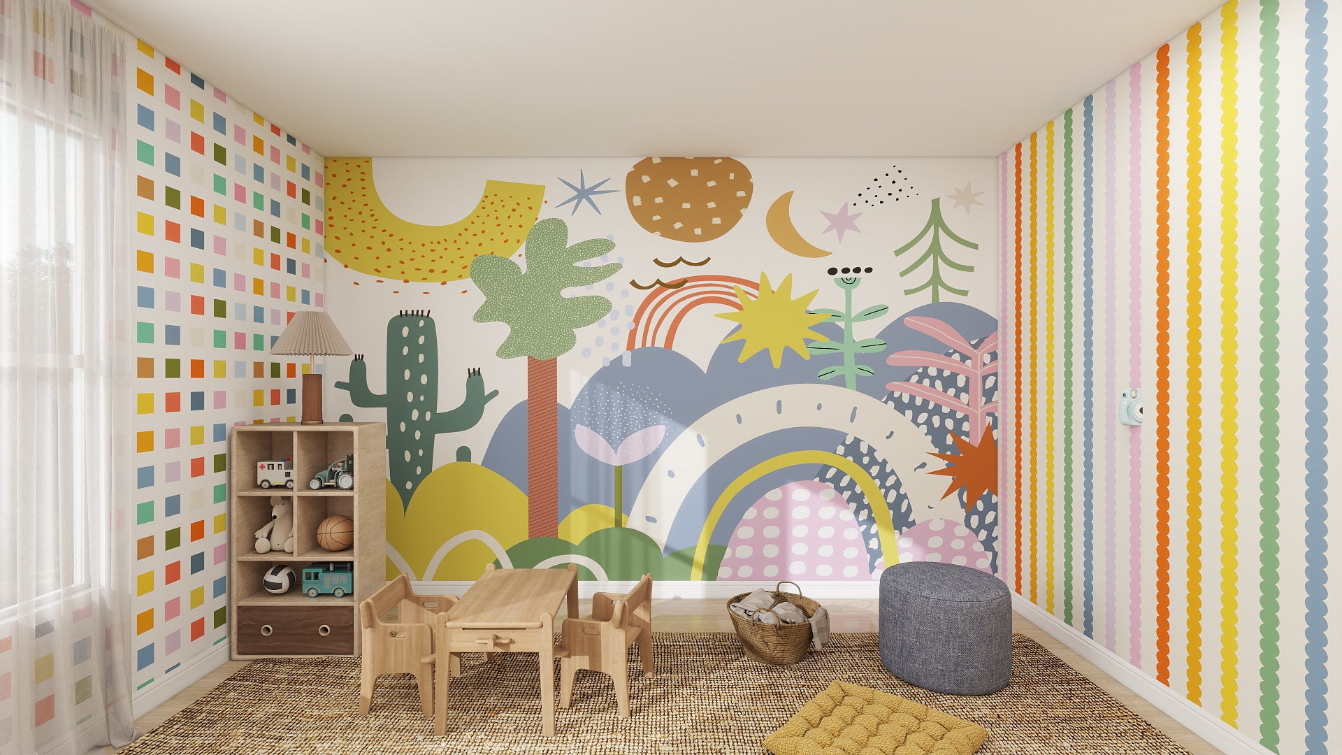A colorful children’s playroom features a vibrant wall mural with abstract shapes, rainbows, and plants. The Scallop Stripe Wallpaper Repeat Pattern | Rainbow adds charm around a wooden table, toy shelf, pouf, and basket on a woven rug.