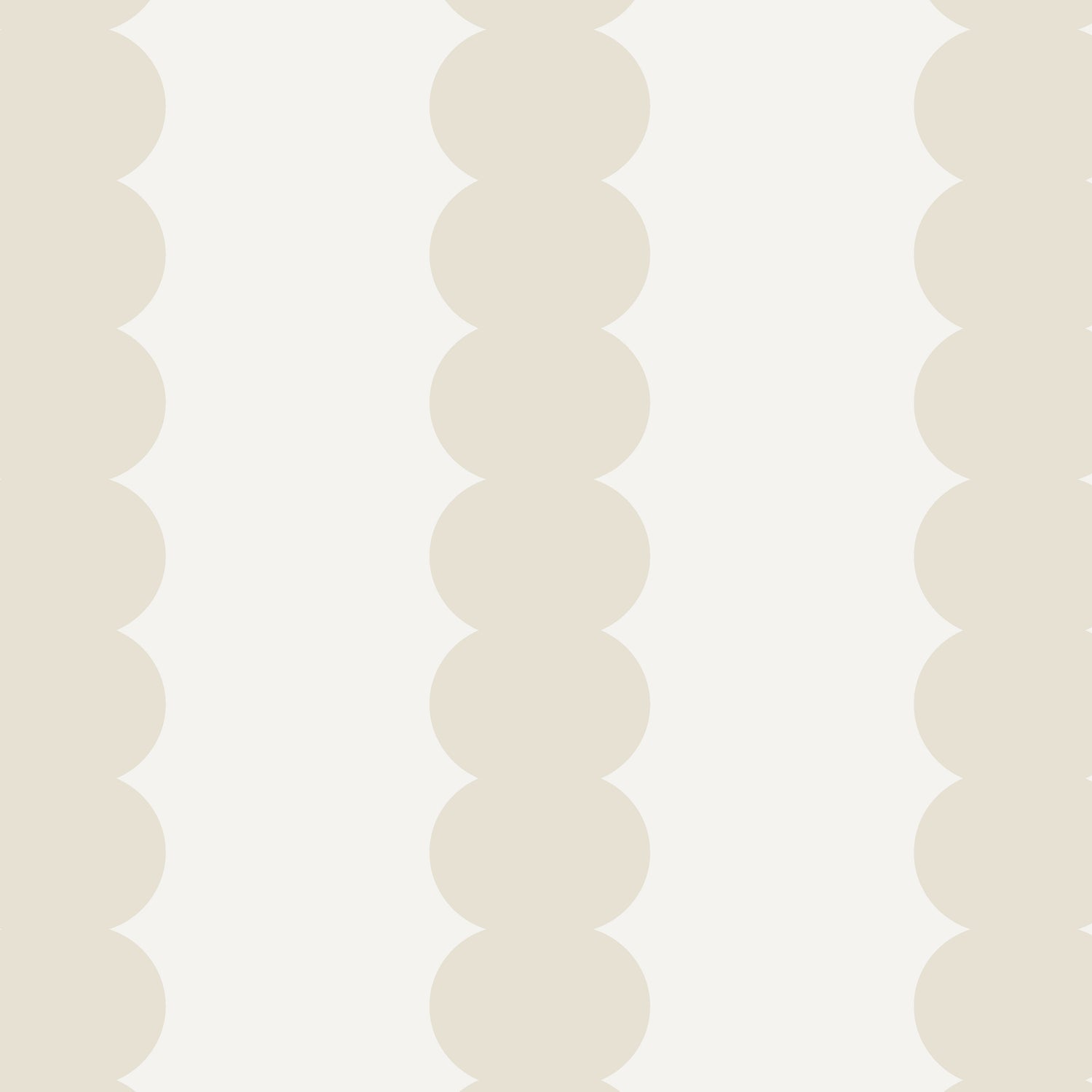 Scallop Stripe Wallpaper Cloud features vertical columns of overlapping beige circles on a white background, creating a soft, modern scalloped stripe effect—ideal for nursery wallpaper.