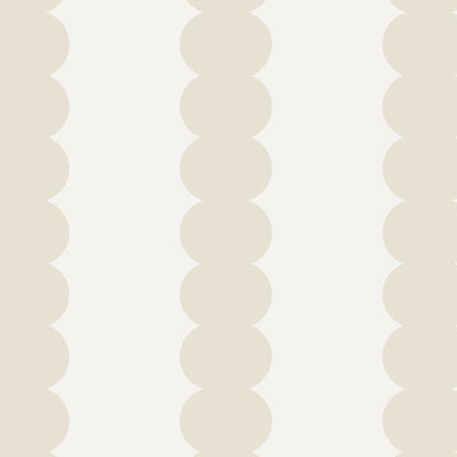 Scallop Stripe Wallpaper Cloud features vertical columns of overlapping beige circles on a white background, creating a soft, modern scalloped stripe effect—ideal for nursery wallpaper.