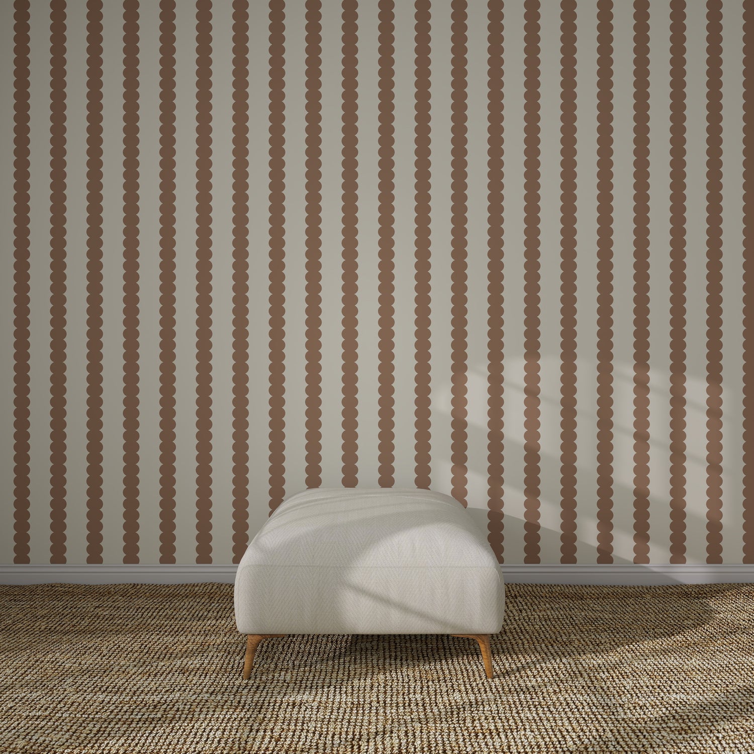 A minimalist room with Scallop Stripe Wallpaper, Latte, a textured beige carpet, and a cream ottoman—ideal for elegant kids’ rooms or as a serene nursery wallpaper backdrop.