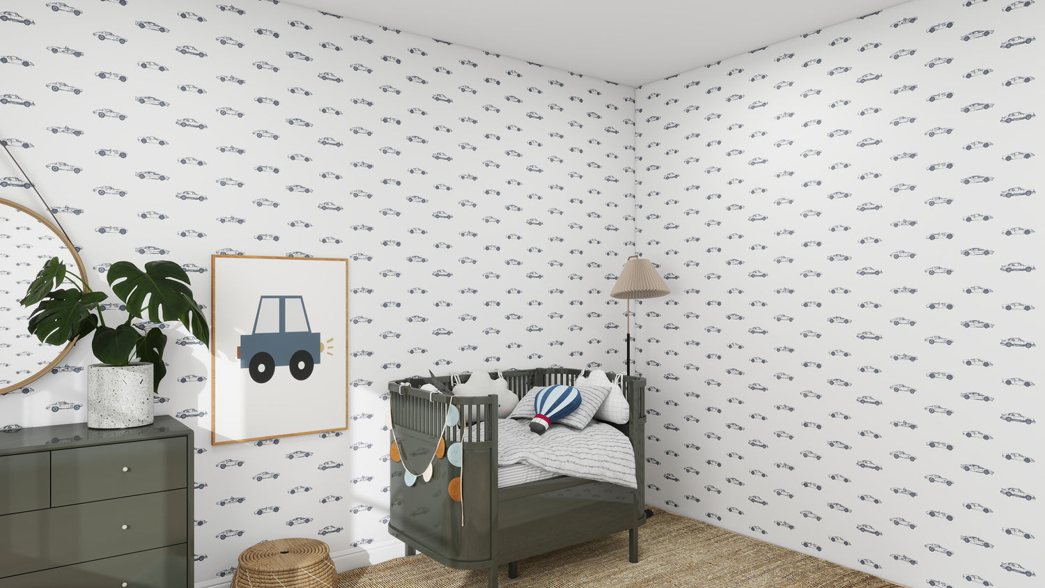 The nursery decor boasts white walls adorned with munks and mes Vintage Cars Wallpaper Repeat Pattern. A green crib, dresser with a plant, woven rug, and standing lamp complete the room. A framed blue car illustration adds charm, while toys rest invitingly in the crib.