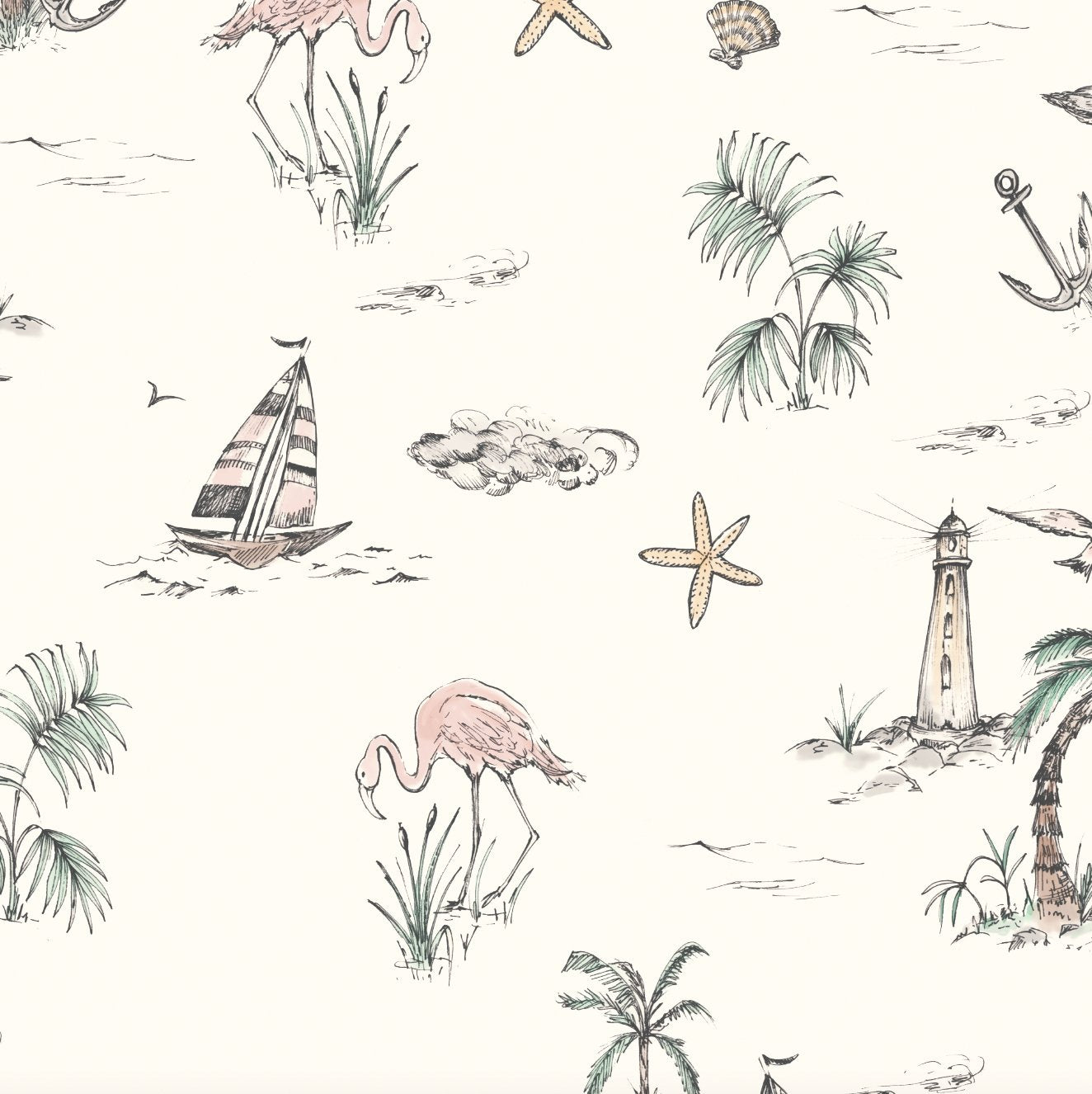 Seaside Flamingo Wallpaper Repeat Pattern - Munks and Me Wallpaper