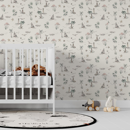 Seaside Flamingo Wallpaper Repeat Pattern - Munks and Me Wallpaper