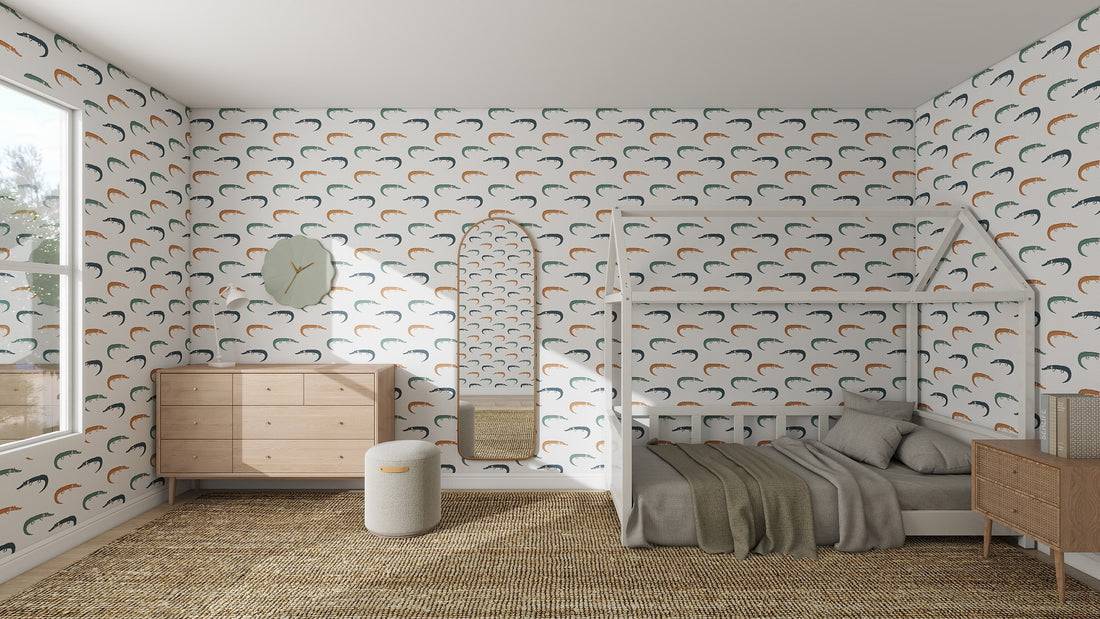 A bright, modern childs bedroom featuring playful design with Crocodile Wallpaper Repeat Pattern, a small house-frame bed, wooden dresser, tall mirror, and large windows filling the space with natural light.