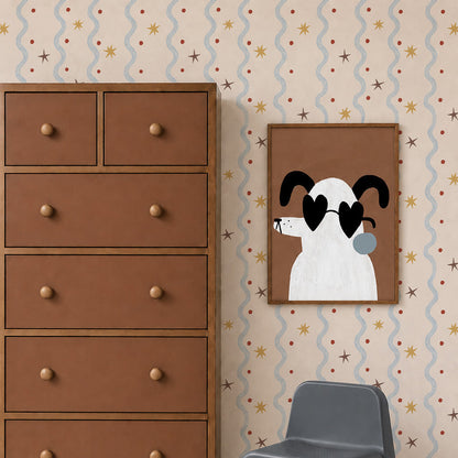 Hand-painted children’s wallpaper with blue wavy stripes, ochre and brown stars, and rust-coloured spots on a warm cream background.