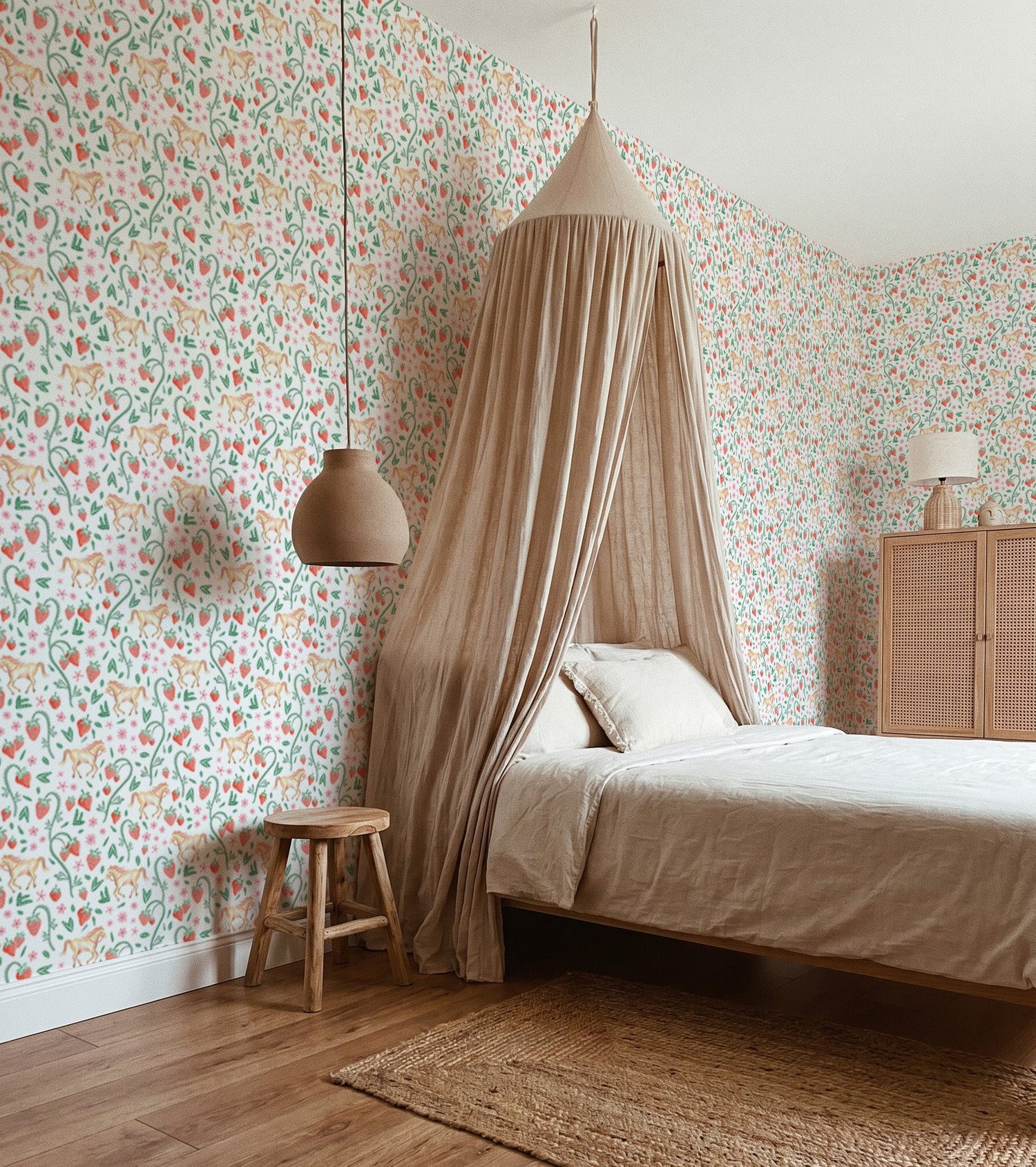 Bedroom with floral wallpaper, wooden floor, and canopy bed.