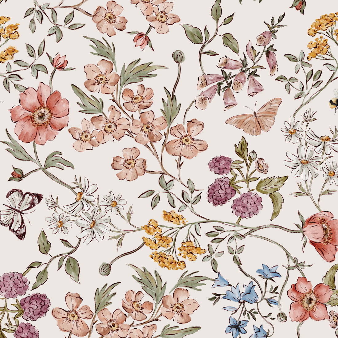 The Sunlit Butterfly Meadow Wallpaper Repeat Pattern features seamless watercolor-style flowers, leaves, blackberries, butterflies, and foliage in soft pink, yellow, blue, white, and green—ideal for an English garden-inspired space.