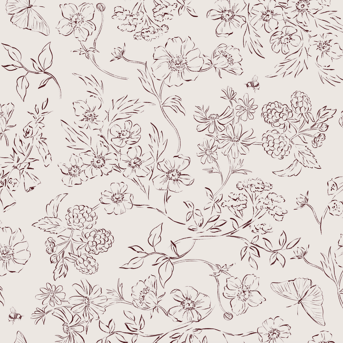 Sunlit Meadow Wallpaper Repeat Pattern features seamless, hand-drawn flowers, leaves, and butterflies in delicate brown line art on a light background for an elegant, intricately detailed, and neutral wallpaper design.