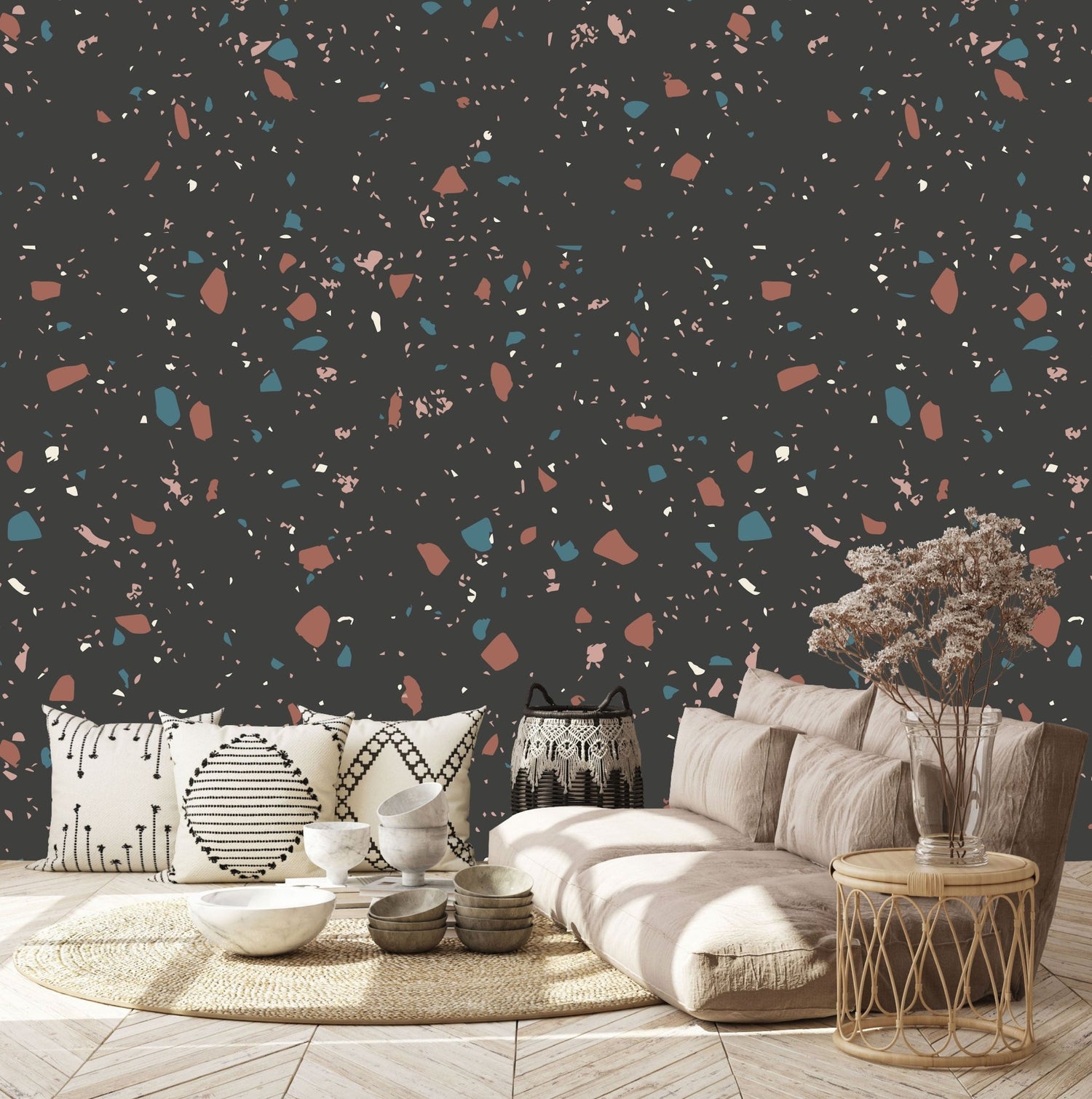 Terrazzo Wallpaper Repeat Pattern | Charcoal - Munks and Me Wallpaper