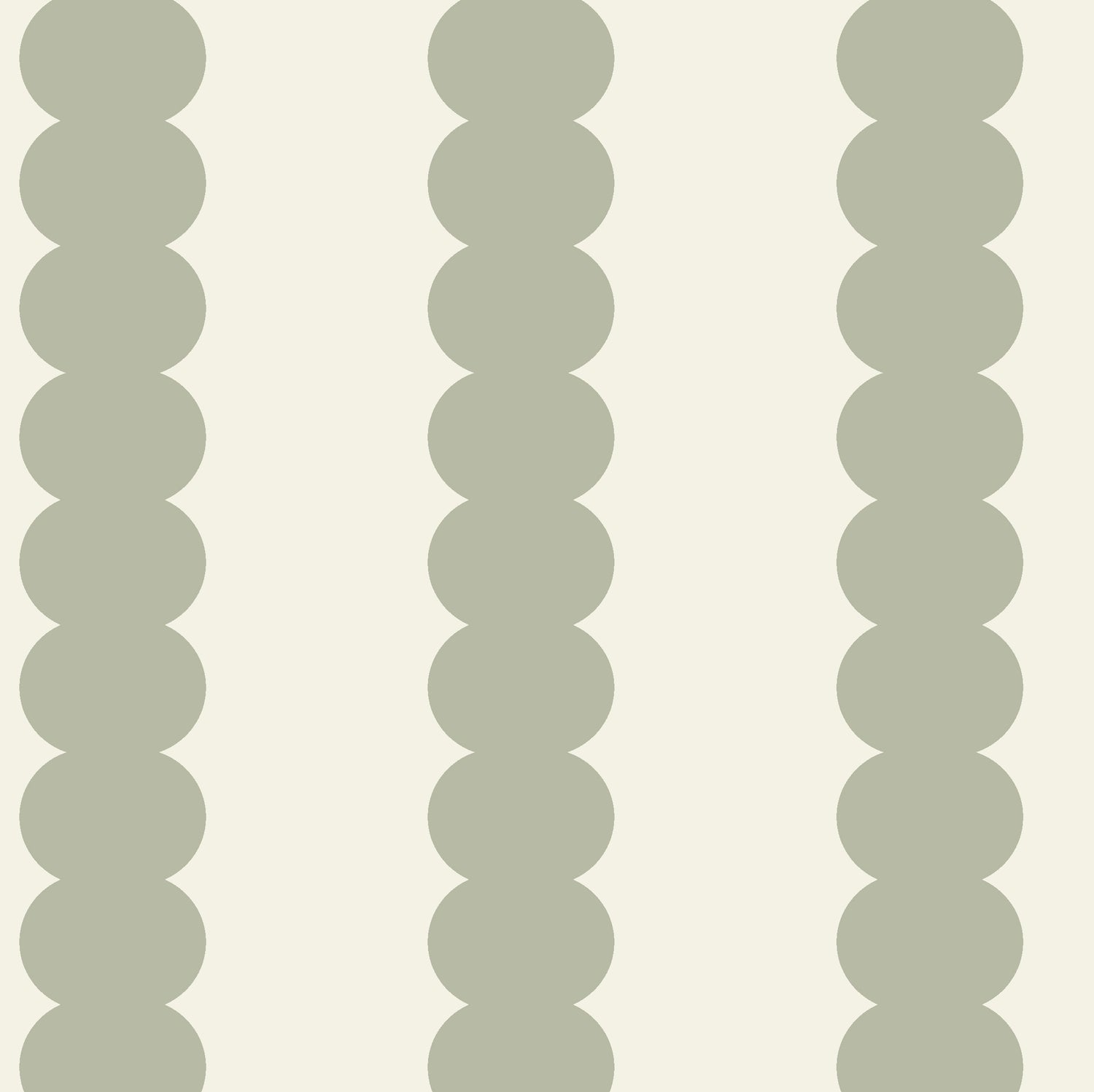 The Scallop Stripe Wallpaper, Green features overlapping sage-green circles in vertical columns on a light beige background, creating a stylish scallop stripe—ideal for nursery wallpaper or green nursery decor.