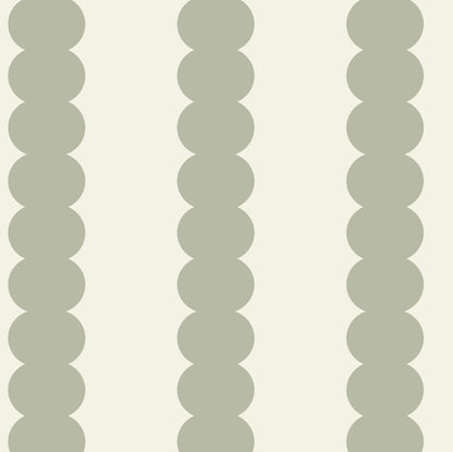 The Scallop Stripe Wallpaper, Green features overlapping sage-green circles in vertical columns on a light beige background, creating a stylish scallop stripe—ideal for nursery wallpaper or green nursery decor.