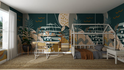 A modern kids’ bedroom features a house-shaped bed, small desk with chair, large plant, and vibrant decor highlighted by The Scene Abstract Wallpaper Mural. Natural light pours in through a window with sheer white curtains.