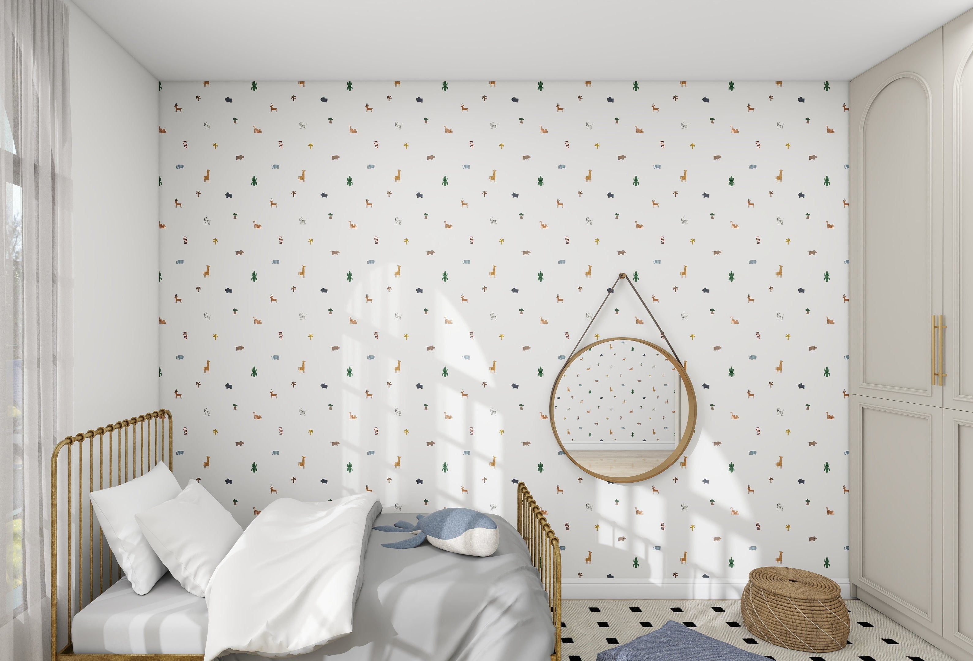 A minimalist bedroom features a single bed with white sheets, animal illustrations from munks and mes Tiny Tracks Safari Wallpaper Repeat Pattern adorn the walls. A round mirror reflects natural light, casting playful shadows across the patterned wall and a woven basket on the floor.