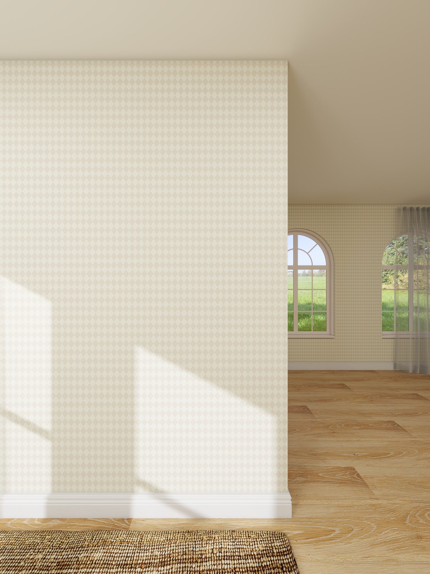 A sunlit, empty room with Diamond Dancer Wallpaper in cream, wooden floors, and large arched windows unveiling green grass and trees outside. Gentle window shadows fall across the walls and floor.