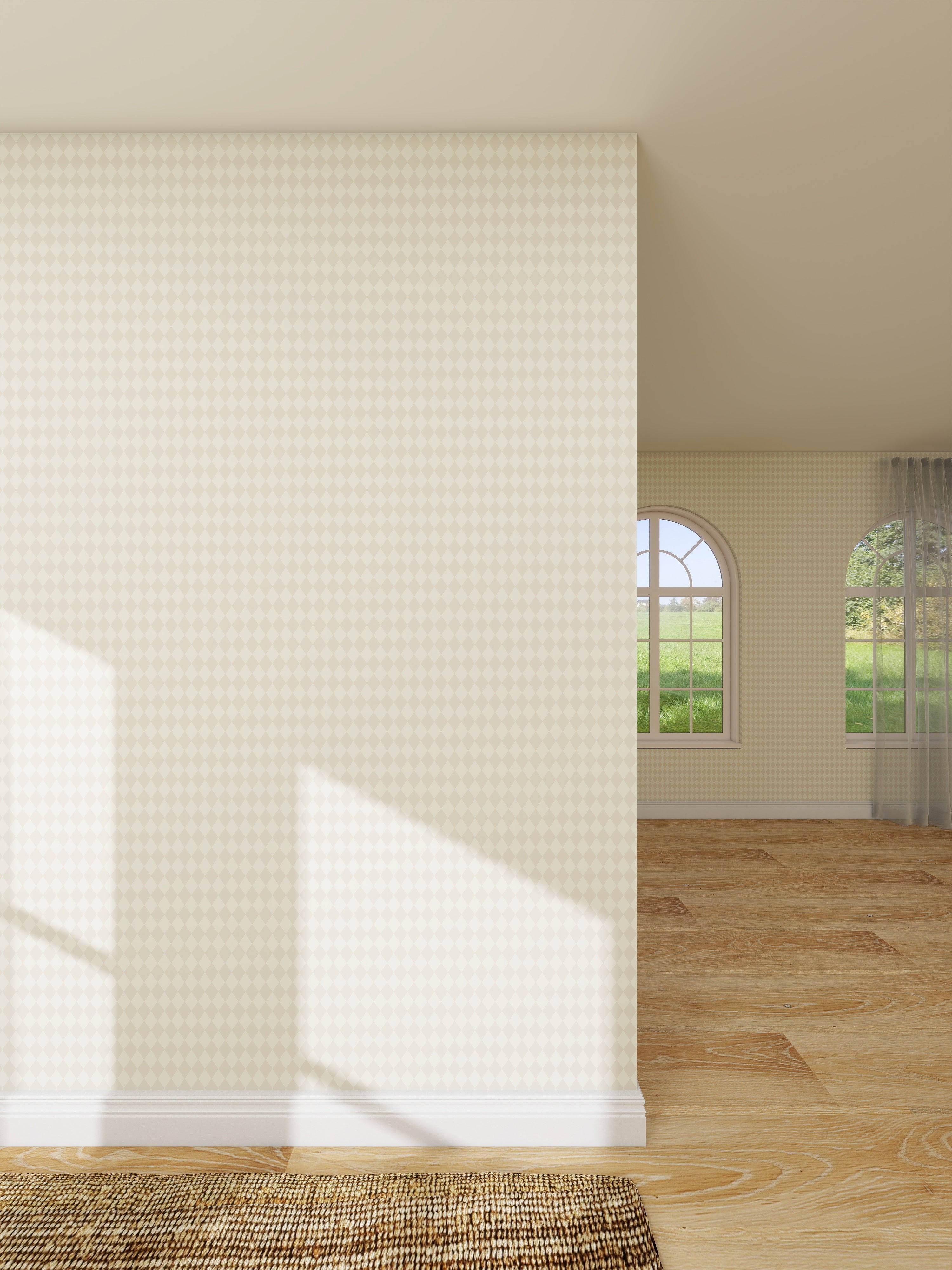 A sunlit, empty room with Diamond Dancer Wallpaper in cream, wooden floors, and large arched windows unveiling green grass and trees outside. Gentle window shadows fall across the walls and floor.