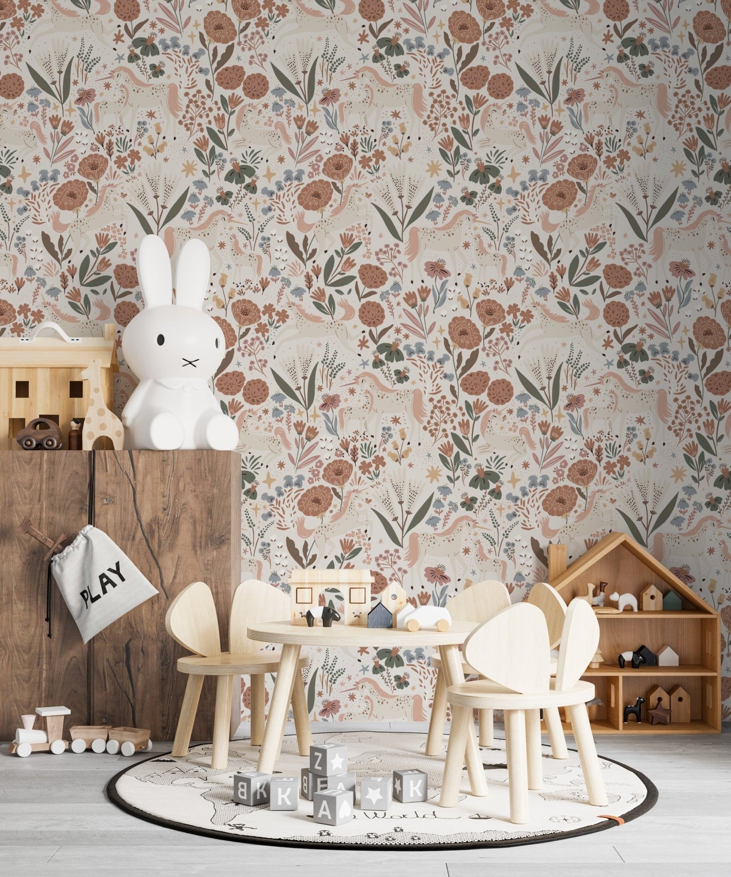 Unicorn Meadow Wallpaper Cream Repeat Pattern - Munks and Me Wallpaper