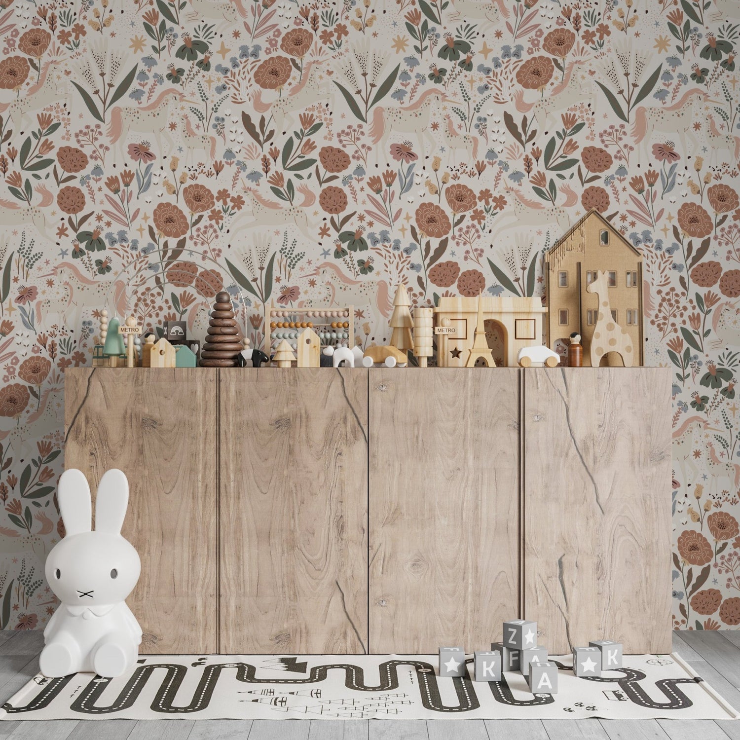 Unicorn Meadow Wallpaper Cream Repeat Pattern - Munks and Me Wallpaper