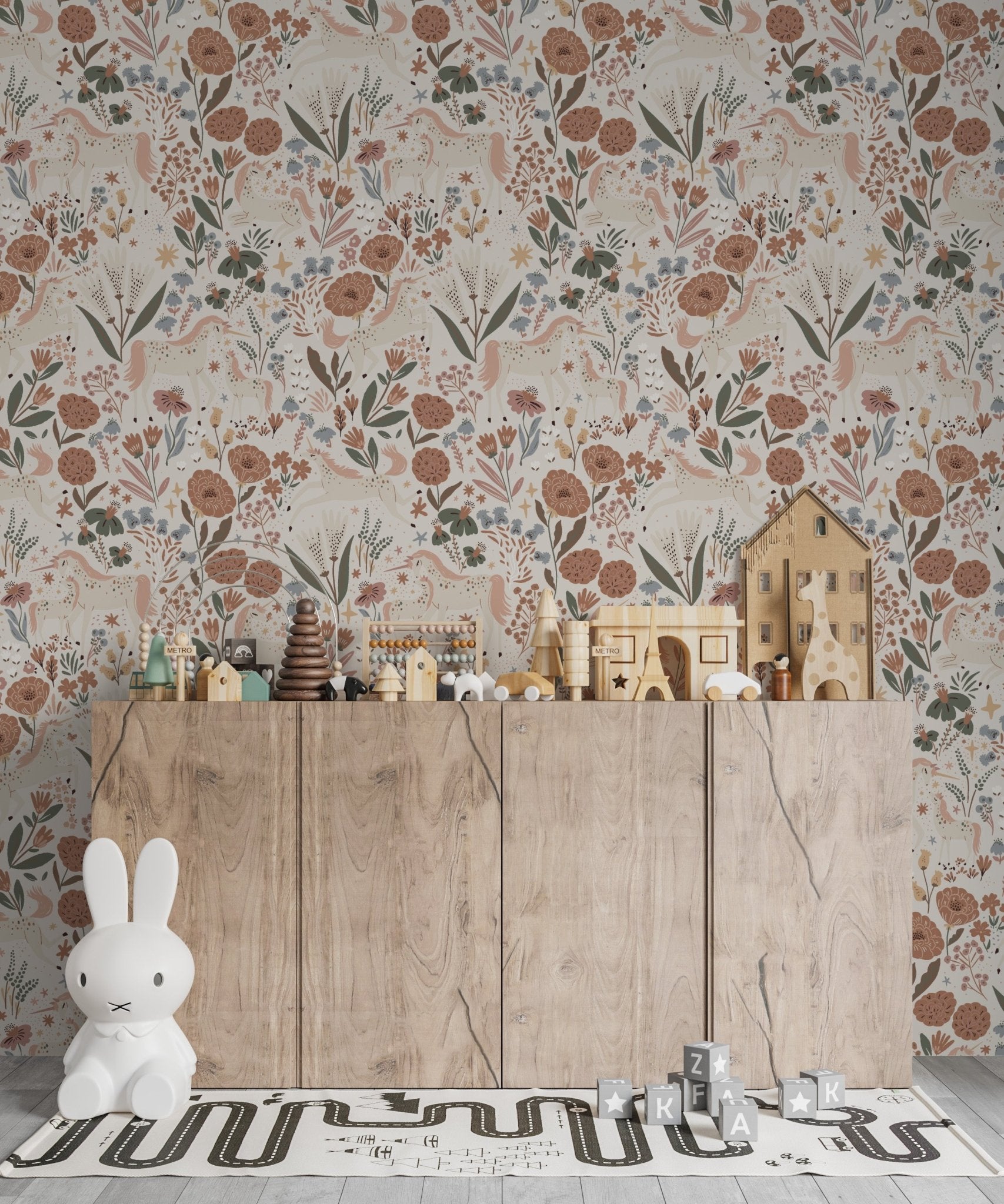 Unicorn Meadow Wallpaper Cream Repeat Pattern - Munks and Me Wallpaper