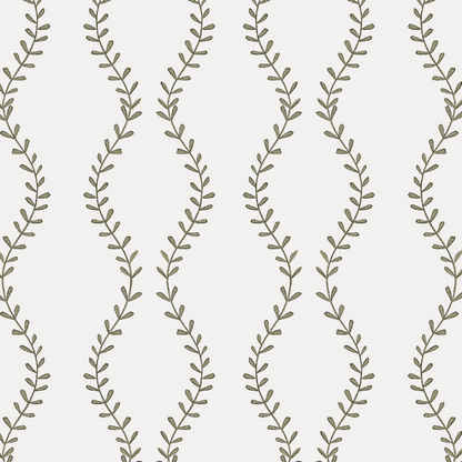 Vintage Vines Wallpaper features a seamless pattern of green leafy vines set in vertical, wavy lines on a light beige background, enhanced with hand-drawn details for a repeating, nature-inspired design—perfect for adding an elegant touch reminiscent of classic vintage style.