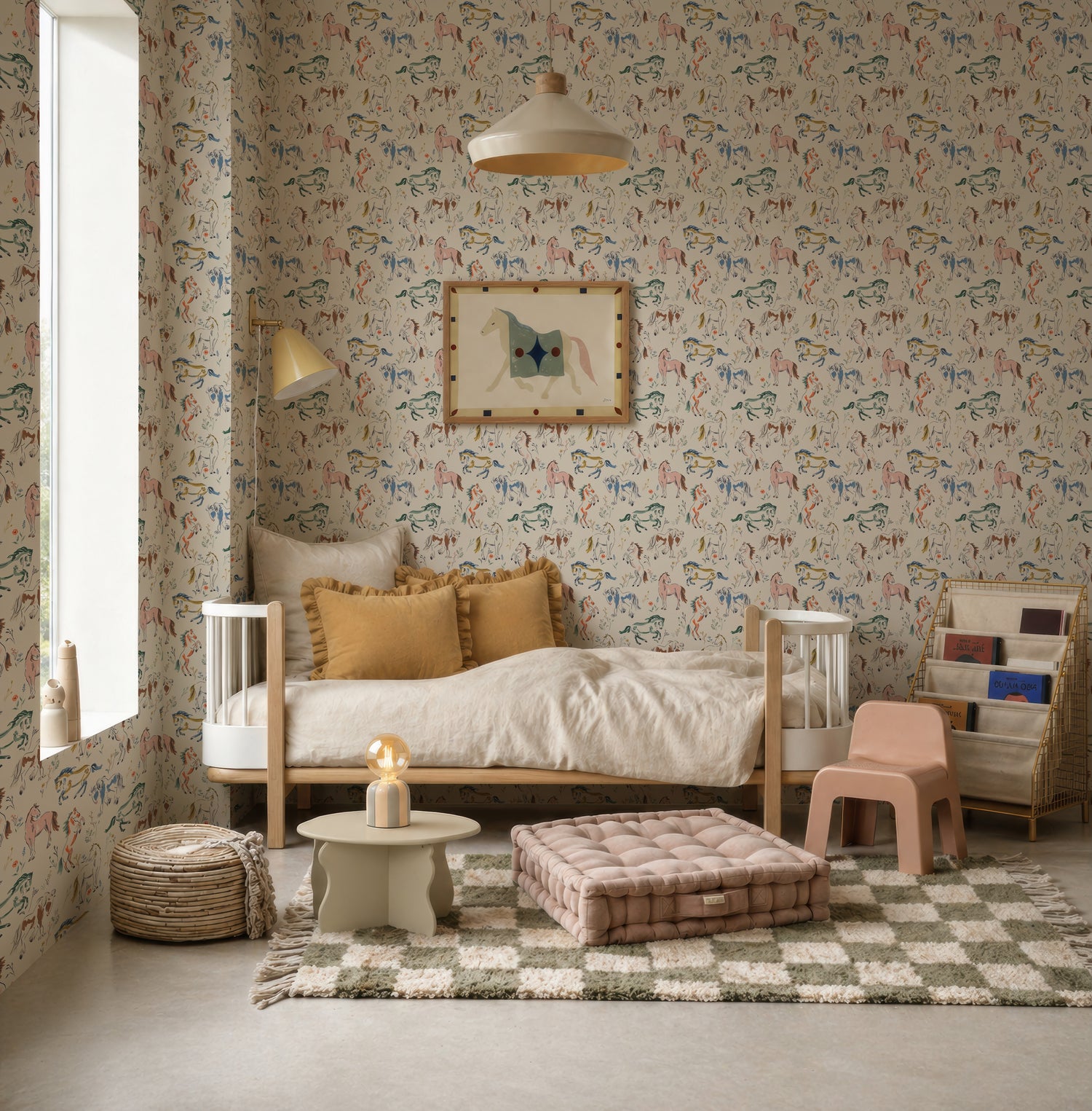 A cozy, neutral-toned children’s room featuring the charming Wild At Heart Wallpaper adorned with hand-drawn animal motifs, a small bed with cushions, a low table topped by a lamp, a tufted floor cushion, shelves lined with books, and soft lighting.