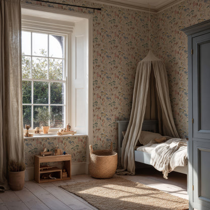 A cozy children’s bedroom with a bed under a canopy, Wild At Heart Wallpaper featuring whimsical, hand-drawn designs, wooden toys on a shelf, a large window with flowing curtains, and sunlight streaming in. A woven basket and natural decor create a warm, inviting atmosphere.