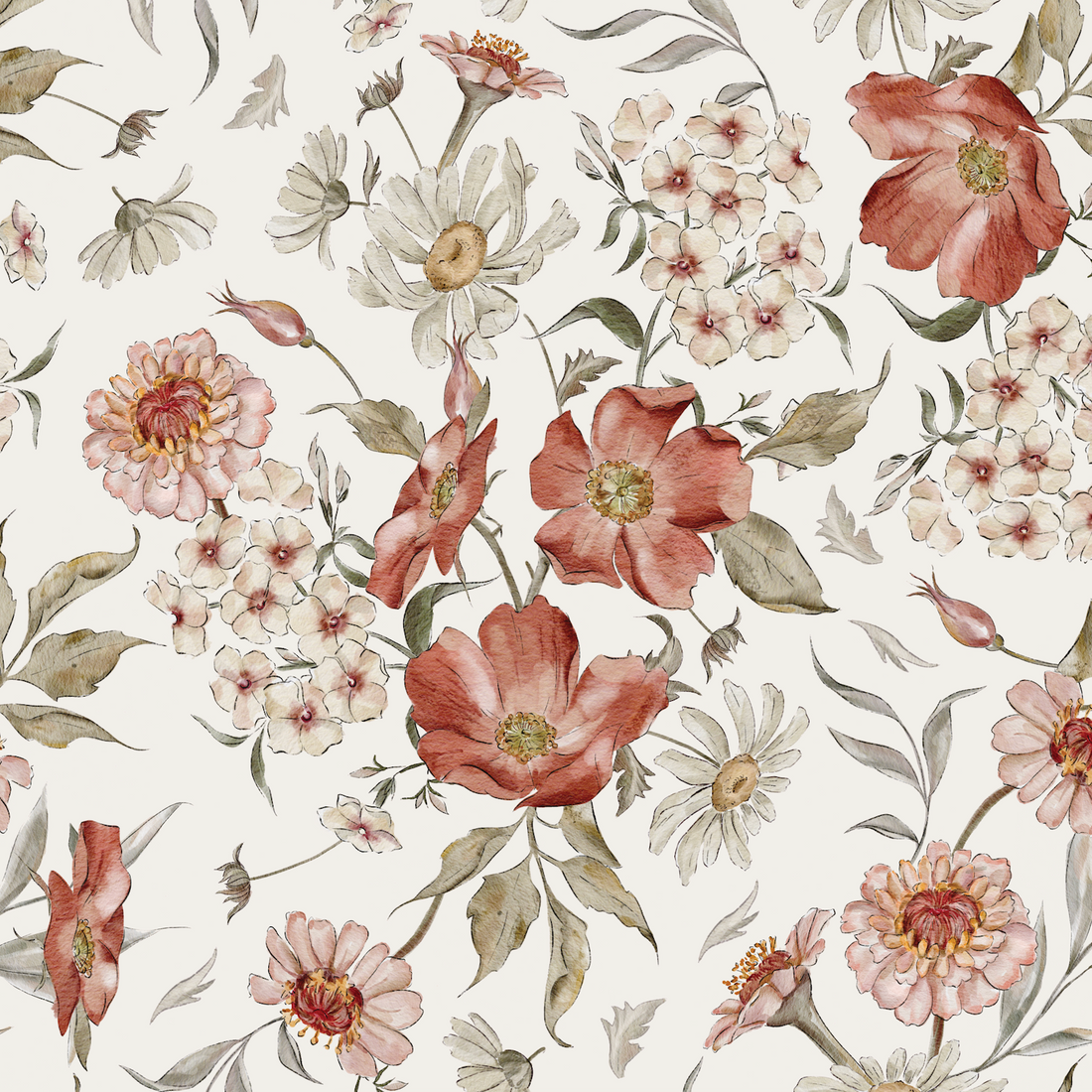 Wild Rose Dreams Wallpaper Repeat Pattern features hand-painted red, pink, and white flowers with green leaves on a light background. Inspired by poppies, daisies, and delicate blossoms for a vintage botanical look.