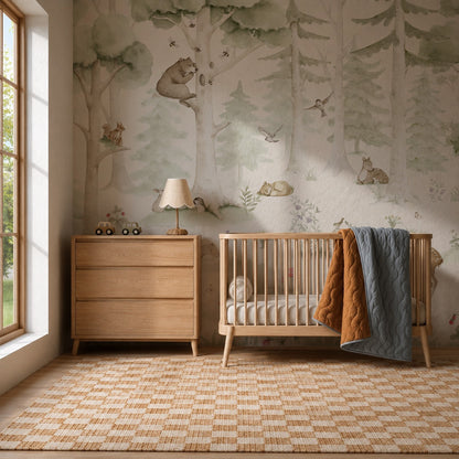 A cozy nursery features a wooden crib with a quilt draped over the side, a dresser topped with a lamp and toy car, and an enchanting Woodland Friends Mural on the wall. Sunlight streams through a large window onto a woven rug.