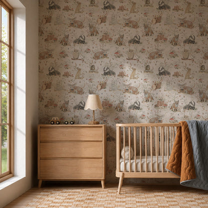 A cozy nursery features a wooden crib, matching dresser, and a table lamp. Woodland Wonder Wallpaper decorates the wall, while natural light pours in. A quilt drapes over the crib, and a woven rug adds comfort to the floor.