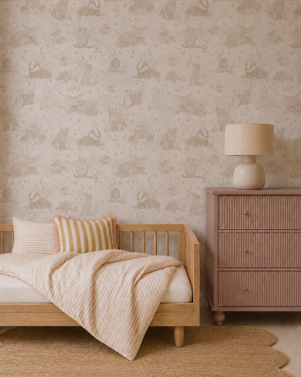 Minimalist bedroom with a light wooden bed, striped bedding, round woven rug, mauve dresser with lamp, and Woodland Wonder Wallpaper, Neutral—featuring a subtle animal pattern. The soft, neutral color palette creates a calm atmosphere.