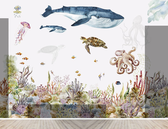 Load image into Gallery viewer, Custom Under the Sea Watercolour Wallpaper Mural | H229cm x W327cm - Munks and Me Wallpaper

