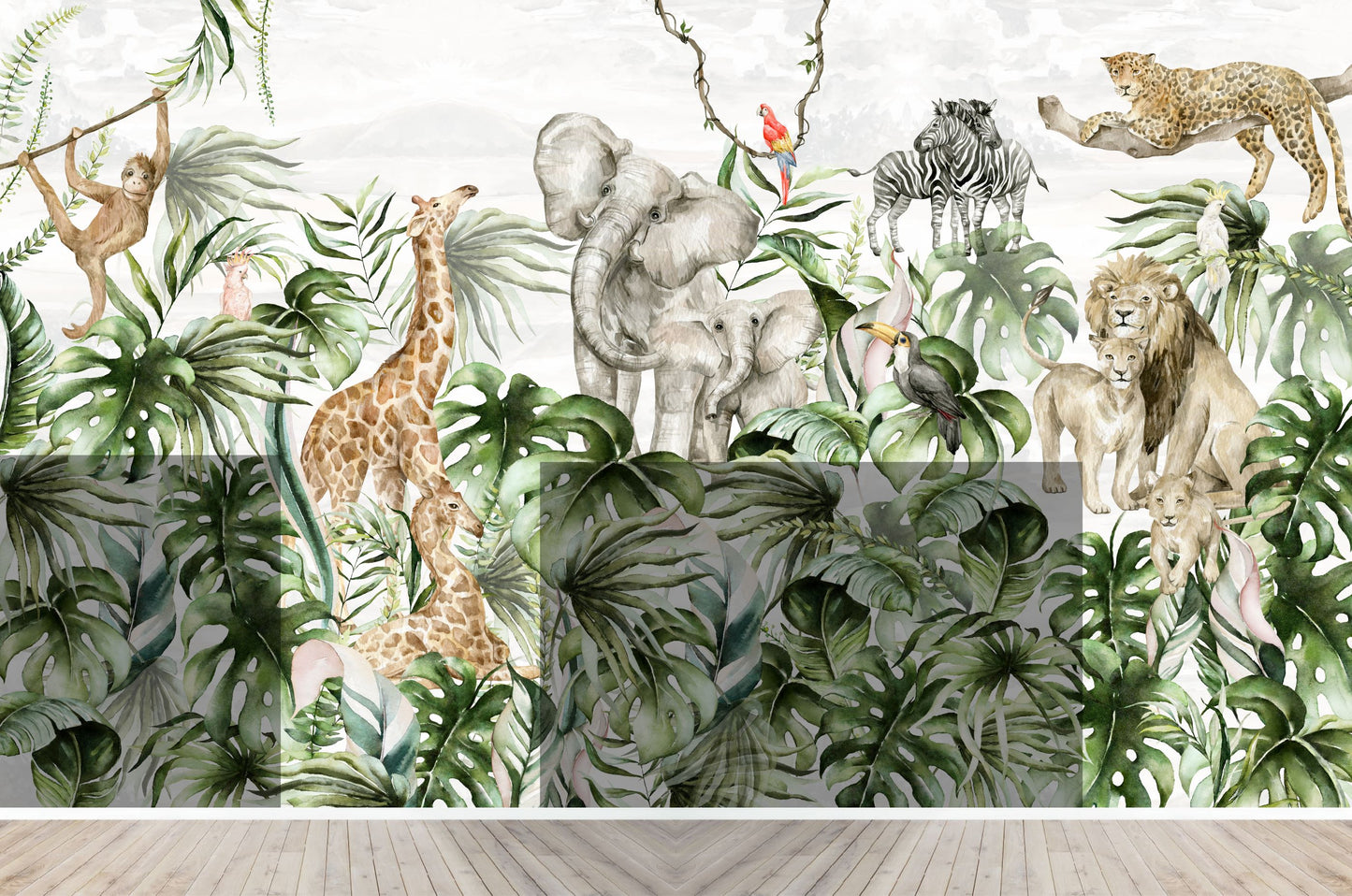 Custom Watercolour Safari Jungle Wallpaper | H236cm x W395cm - Munks and Me Wallpaper