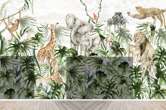 Custom Watercolour Safari Jungle Wallpaper | H236cm x W395cm - Munks and Me Wallpaper