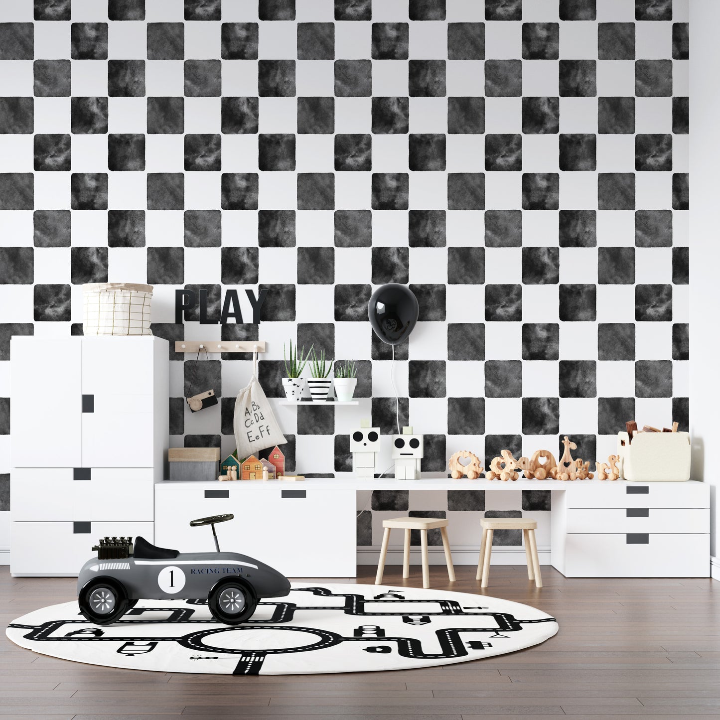 Load image into Gallery viewer, Billys Checkered Wallpaper Repeat Pattern | Black - Munks and Me Wallpaper

