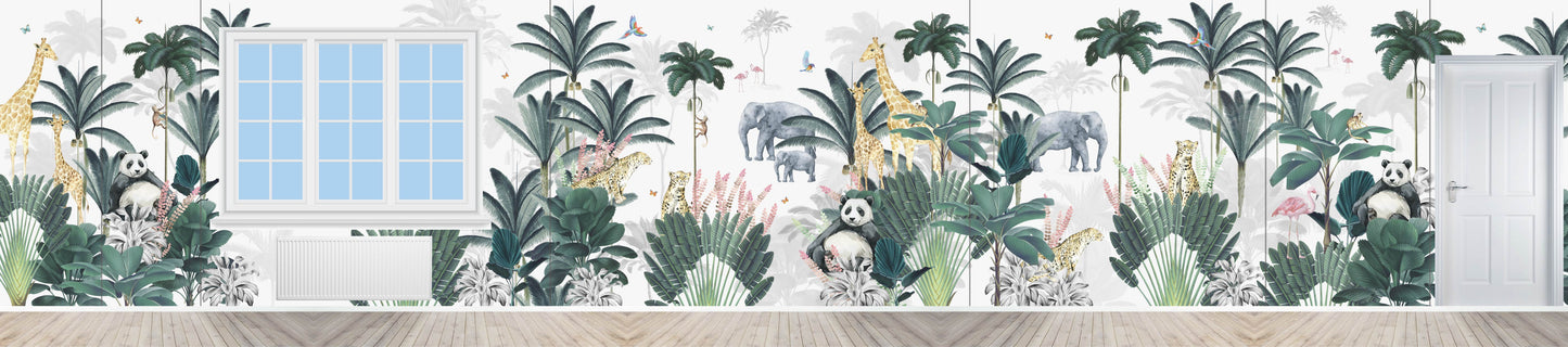 Custom Leopard and Friends with Panda Wallpaper Mural | H235CM X W1203CM - Munks and Me Wallpaper