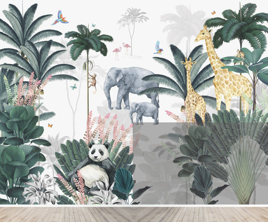 Custom Leopard and Friends with Panda Wallpaper Mural | H239CM X W313CM - Munks and Me Wallpaper