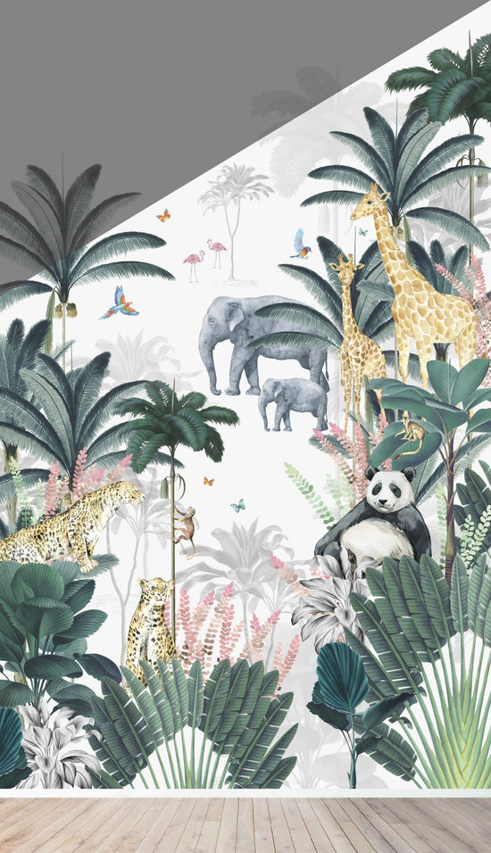 Custom Leopard and Friends with Panda Wallpaper Mural | H426CM X W265CM - Munks and Me Wallpaper