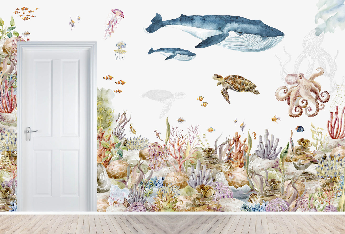 Custom Under the Sea Watercolour Wallpaper Mural | H233cm x W380cm - Munks and Me Wallpaper