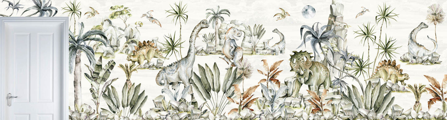 Load image into Gallery viewer, Custom Watercolour Dinosaur Wallpaper | H140cm x W520cm - Munks and Me Wallpaper
