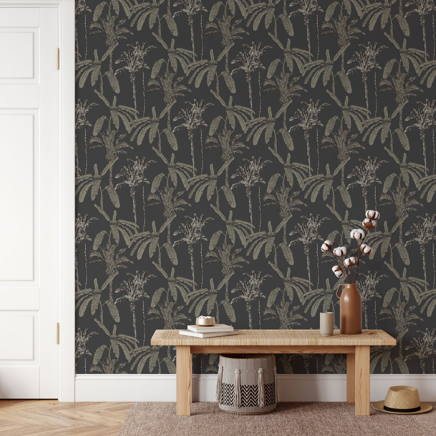 Ezra Palm Print Wallpaper Repeat Pattern | Charcoal - Munks and Me Wallpaper
