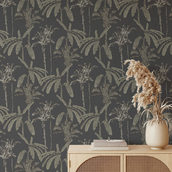 Ezra Palm Print Wallpaper Repeat Pattern | Charcoal - Munks and Me Wallpaper